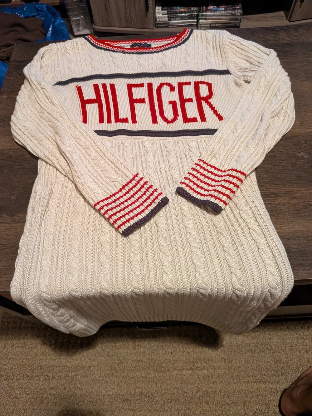 Tommy Hilfiger Cream Cable-Knit Sweater with Red Logo
